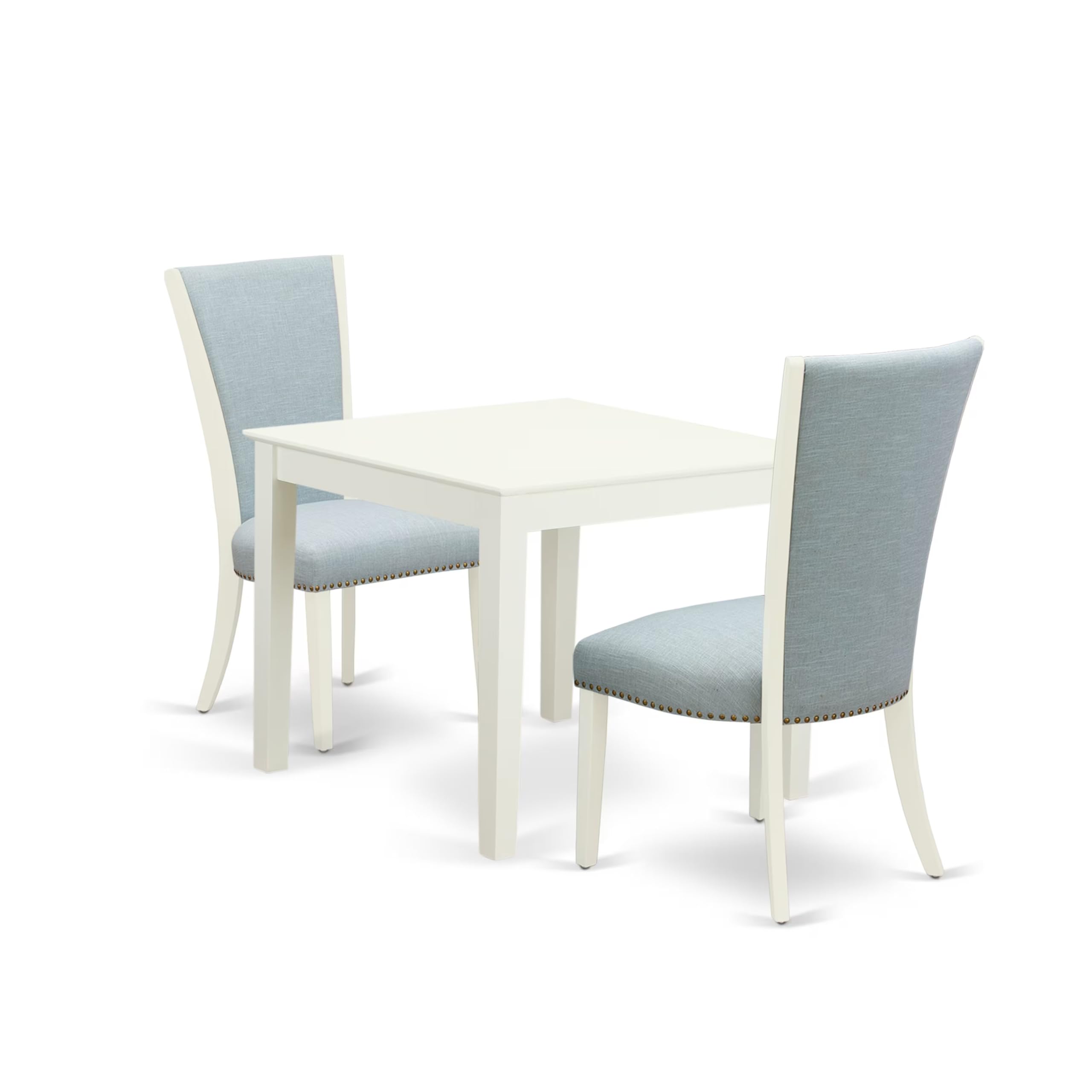 East West Furniture Oxve3-Lwh-15 3 Piece Dining Table Set For Small Spaces Contains A Square Dining Room Table And 2 Baby Blue Linen Fabric Parsons Chairs, 36X36 Inch, Linen White